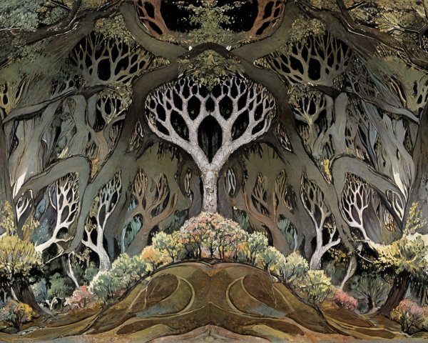 Mystical forest scene with intricate trees and foliage