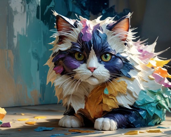 Whimsical Cat with Colorful Paint Splatters