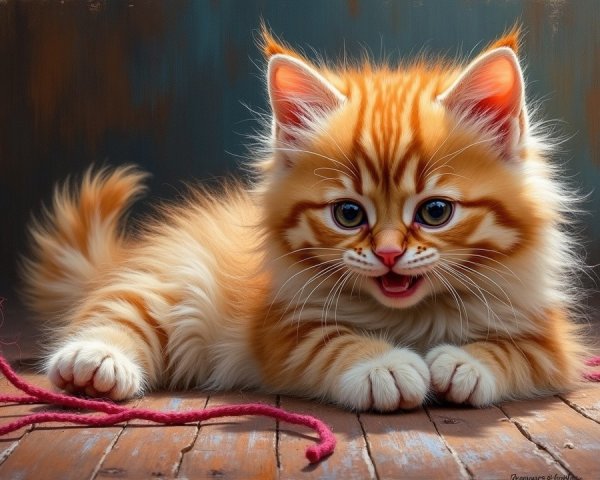 Fluffy Orange Kitten on Rustic Wooden Floor