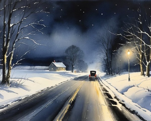 Watercolor Painting of a Snowy Winter Night Scene