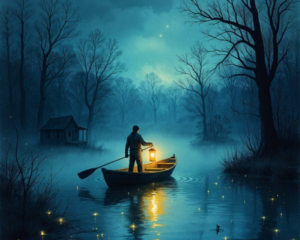 Lone Figure in Boat on Misty Moonlit Lake