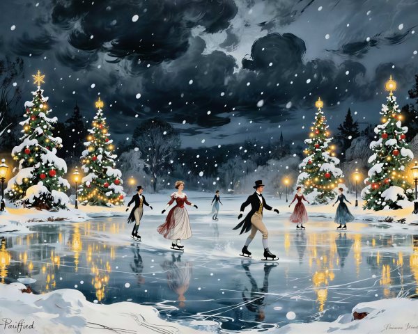 Elegant Ice Skating Scene Under Snowy Night Sky