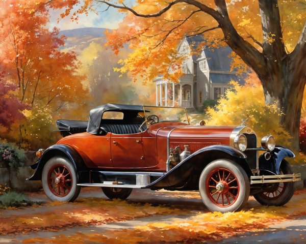 Vintage Car in Autumn Driveway with Colorful Foliage