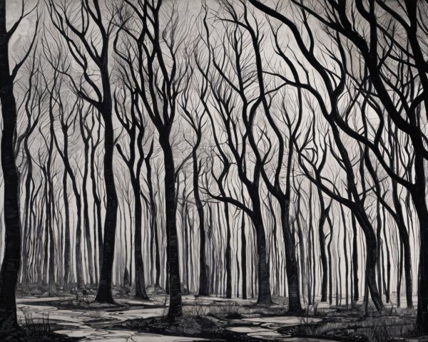 Monochromatic Forest Scene with Bare Trees and Shadows