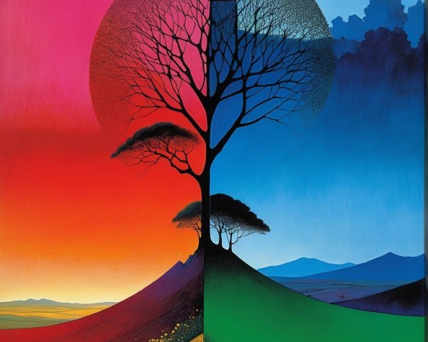 Vibrant Quadrant Landscape Painting with Black Tree