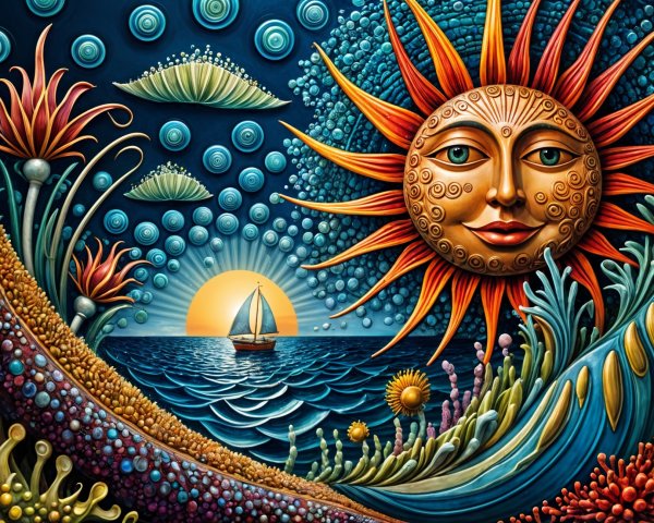 Vibrant Sun and Abstract Marine Life in Colorful Scene