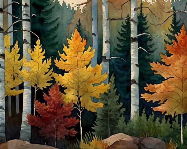 Serene Autumn Forest with Vibrant Foliage and Birch Trees