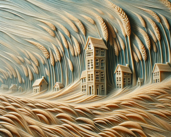 Surreal Landscape with Carved Houses and Wheat Waves