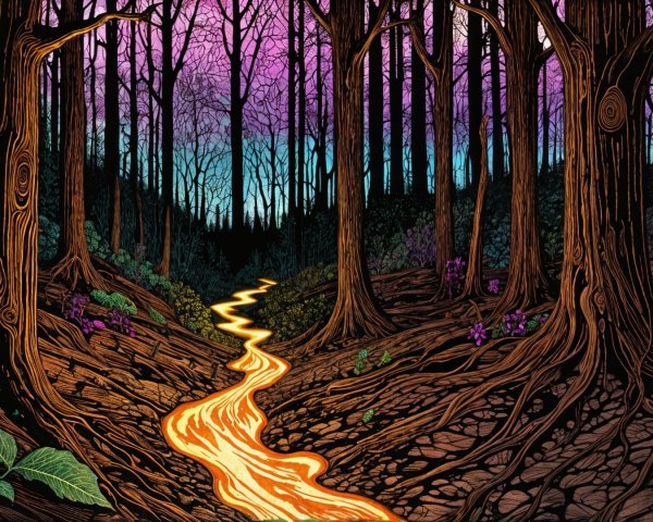 Mystical Twilight Forest with Glowing River Scene