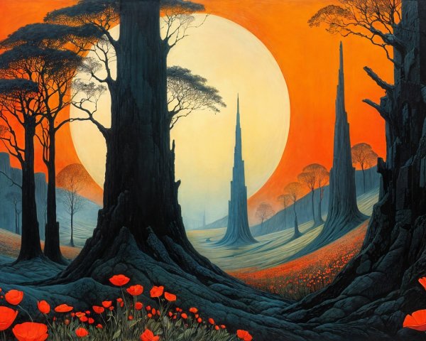 Surreal Landscape with Black Trees and Orange Sunset