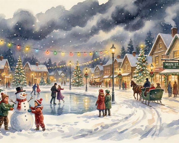 Winter Village Scene with Christmas Lights and Snow