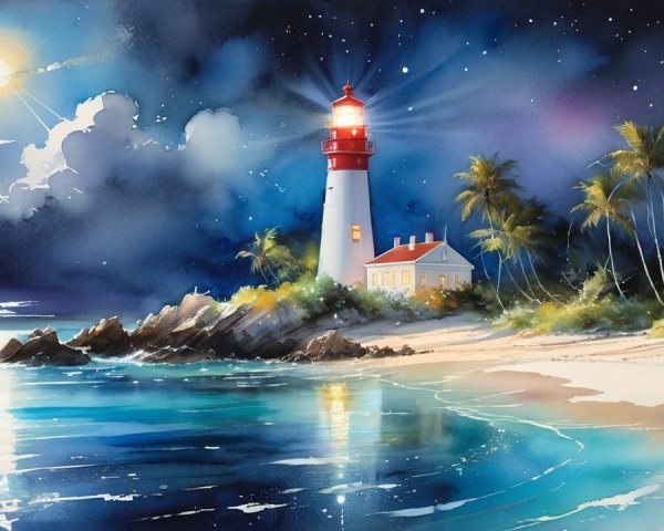 Coastal Dusk Scene with Lighthouse and Moonlit Waves