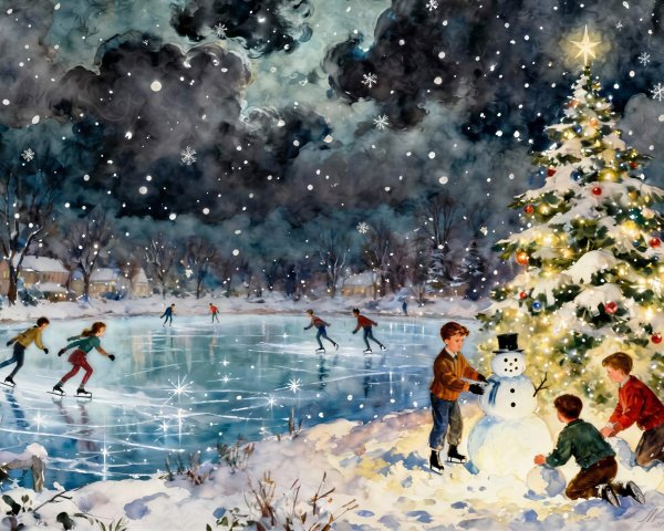Winter Night Scene with Snowman and Christmas Tree