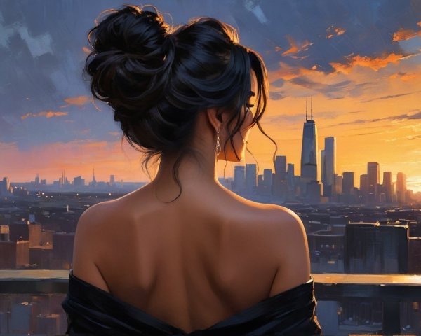 Young Woman in Off-the-Shoulder Dress Overlooking Cityscape