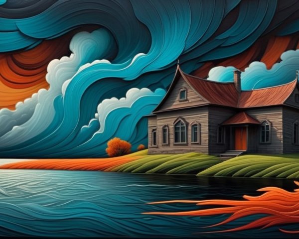Whimsical Landscape with Wooden House and Vibrant Lake