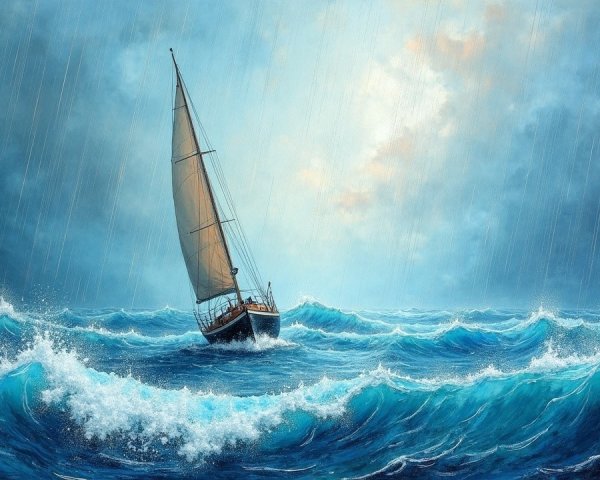 Sailboat Navigating Stormy Seas and Dramatic Sky