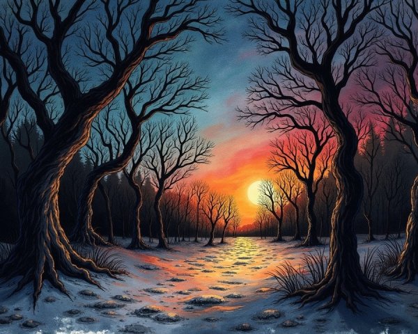 Serene Winter Landscape with Sunset and Bare Trees