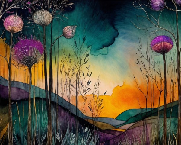Surreal Landscape with Whimsical Flowers and Gradient Sky