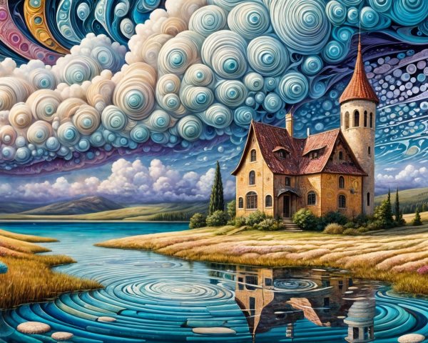 Whimsical Landscape with Castle and Tranquil Lake