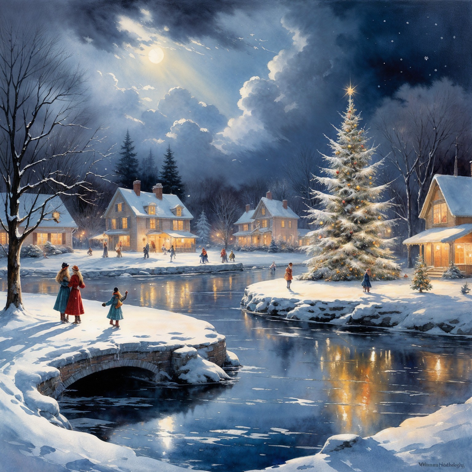 Serene Winter Scene with Snowy Landscape and Moon