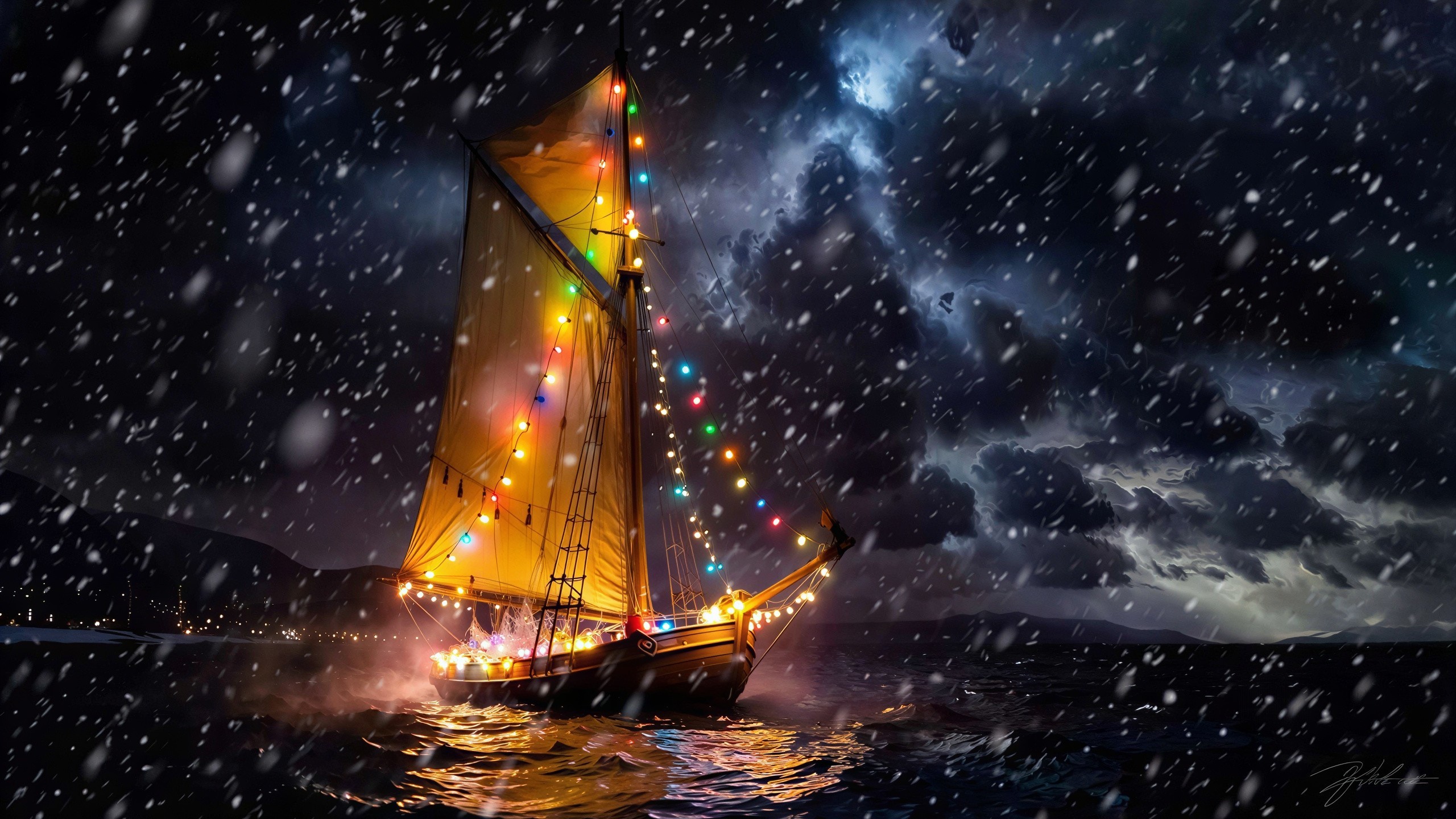 Sailing Ship with Christmas Lights in Stormy Waters