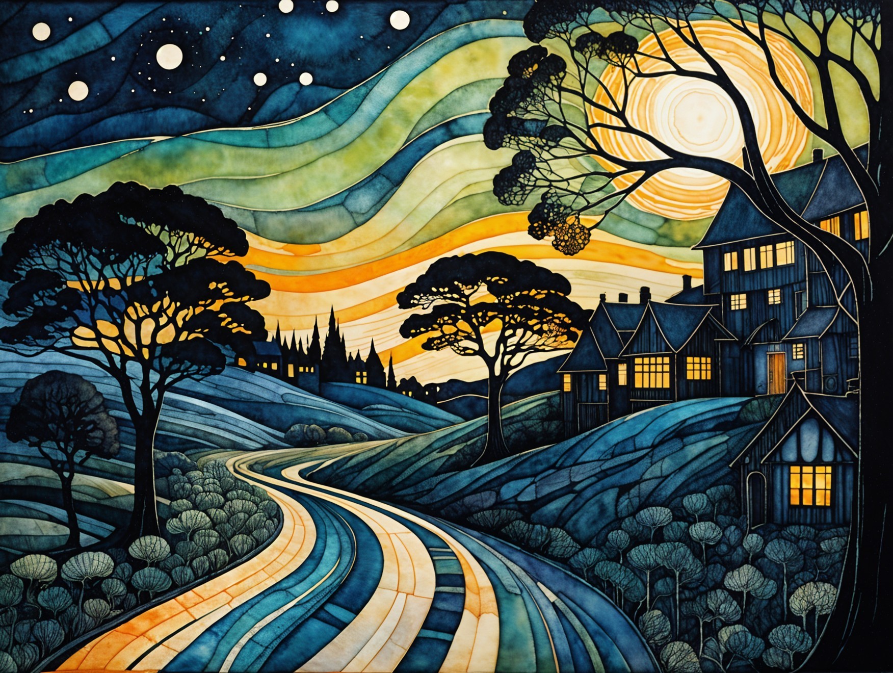 Vibrant Stylized Landscape with Starry Night Sky