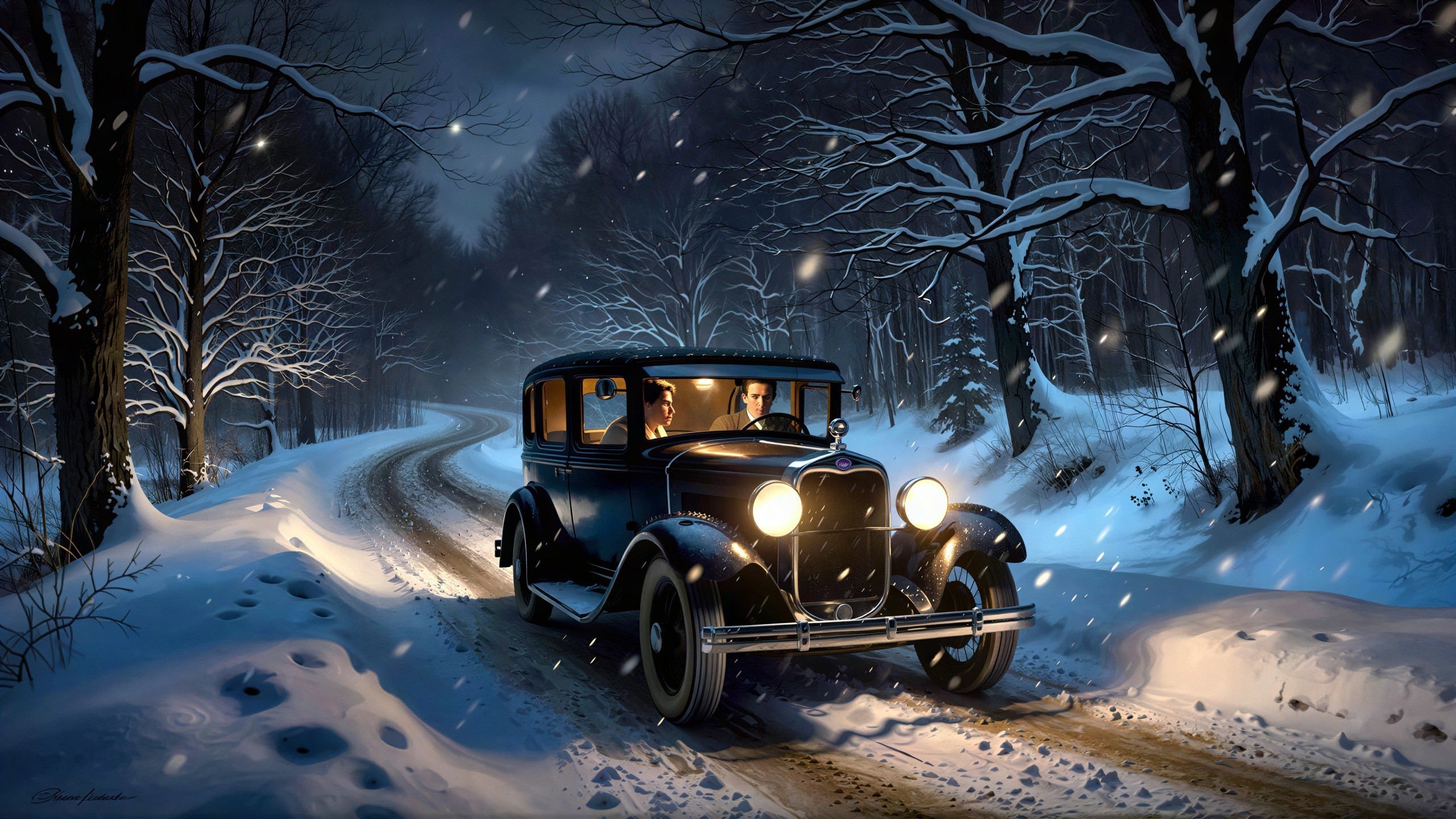 Well-Dressed Men Driving on Snowy Night Road