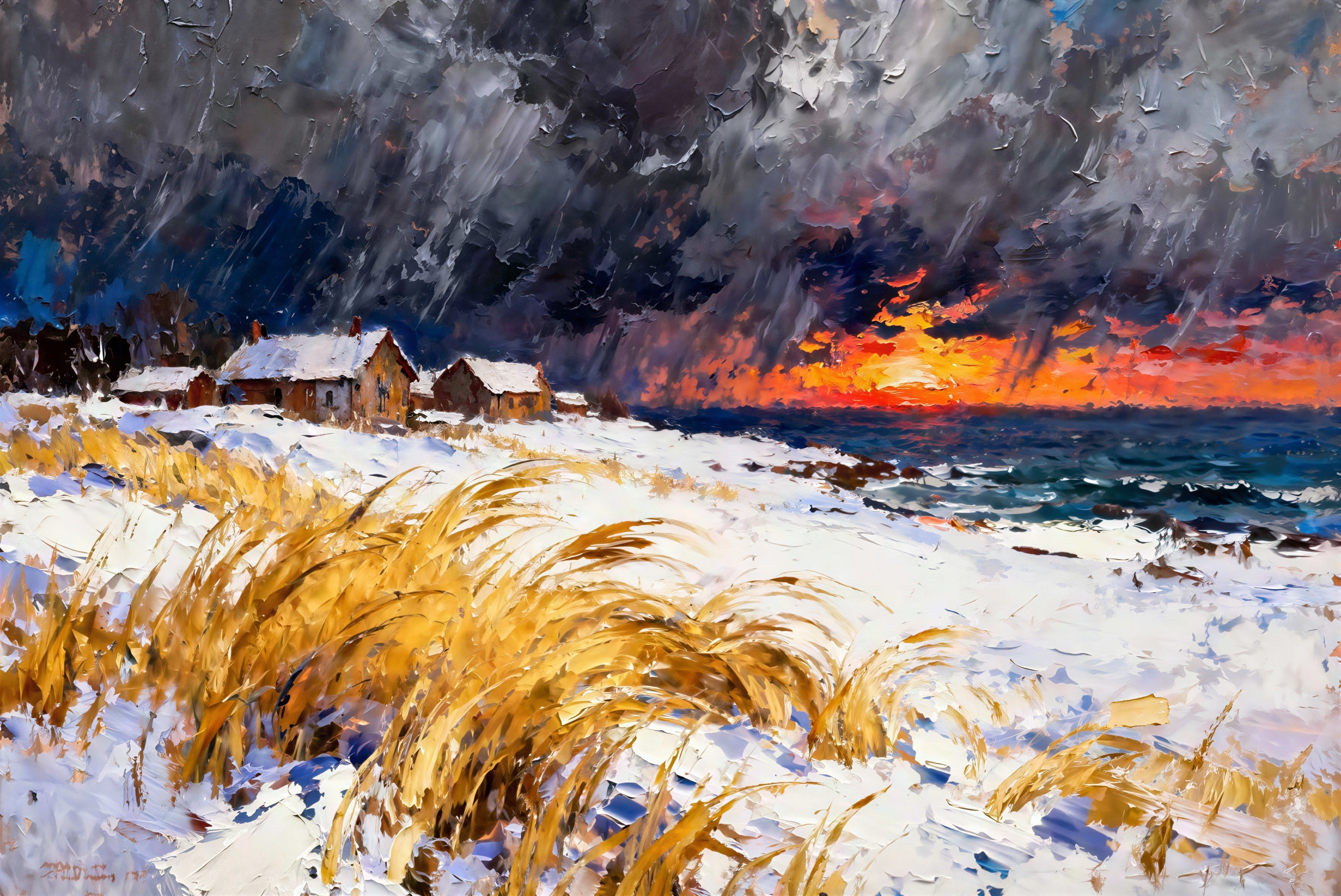 Impressionistic Oil Painting of a Snowy Landscape