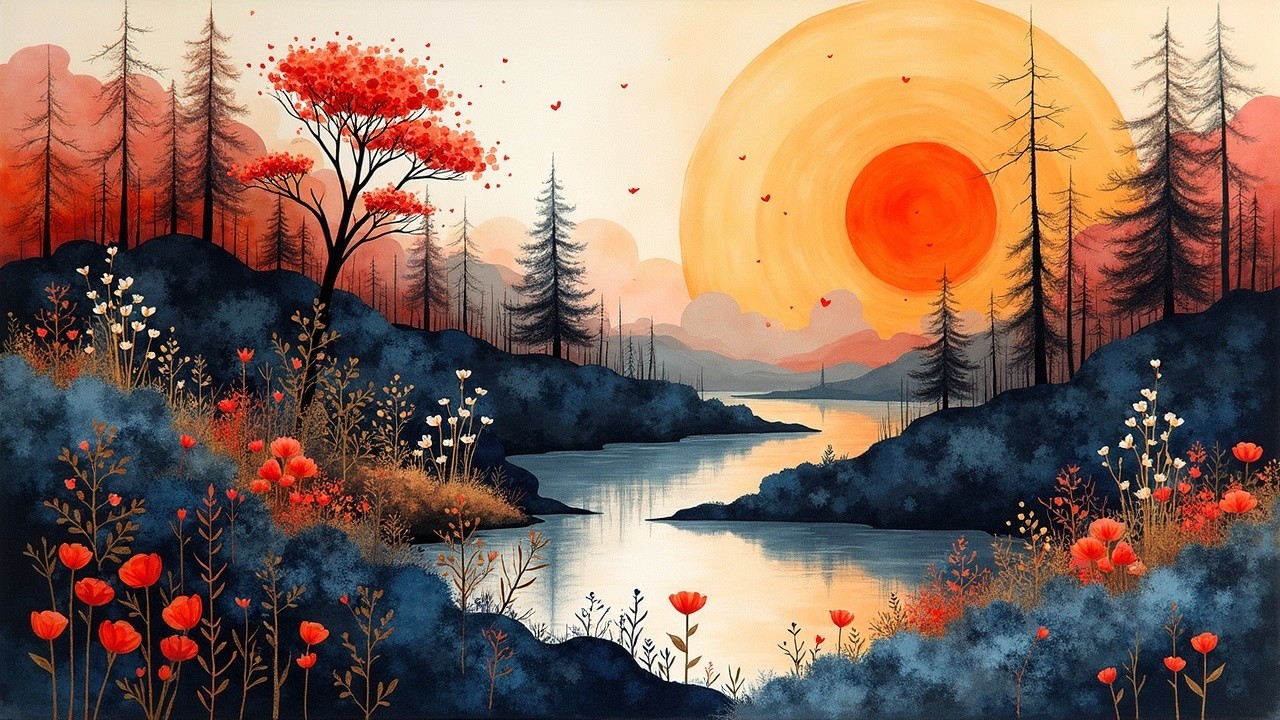 Tranquil River Landscape at Sunset with Vibrant Flora