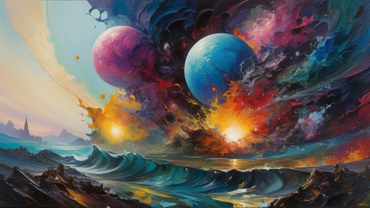 Vibrant Cosmic Scene with Colorful Planets and Waves