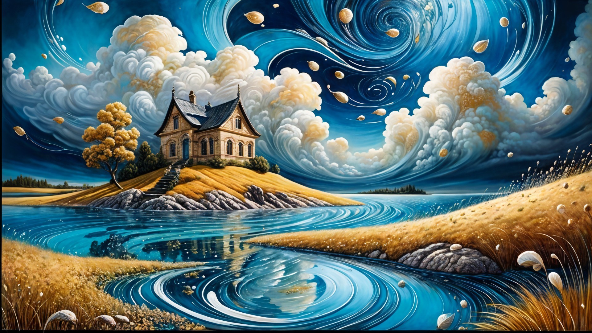 Whimsical Island Landscape with Charming House and Clouds