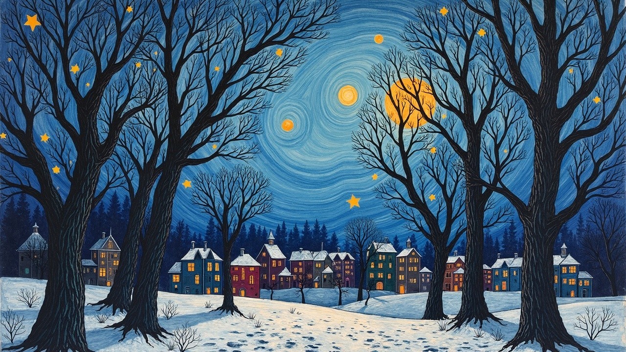 Whimsical Winter Landscape with Starry Night Sky