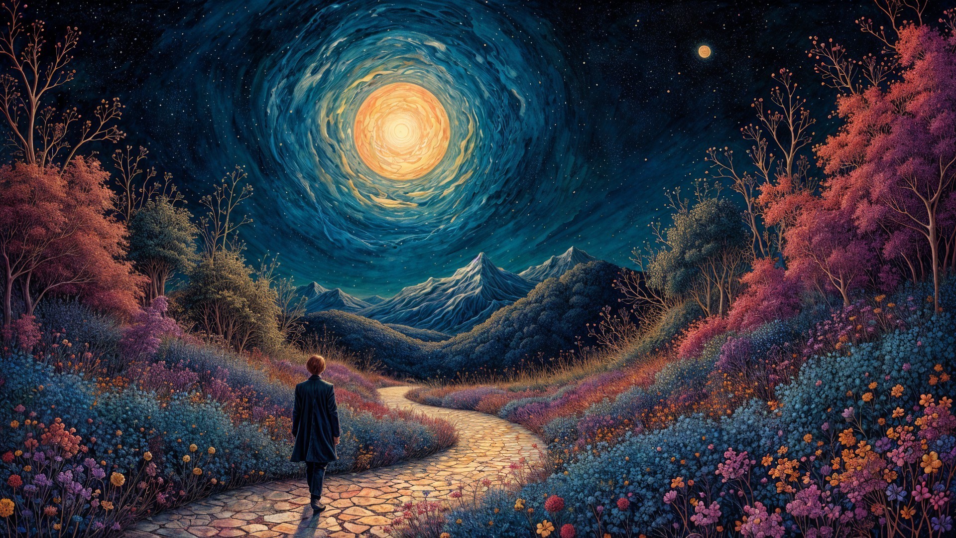Solitary Figure on Cobblestone Path Under Night Sky