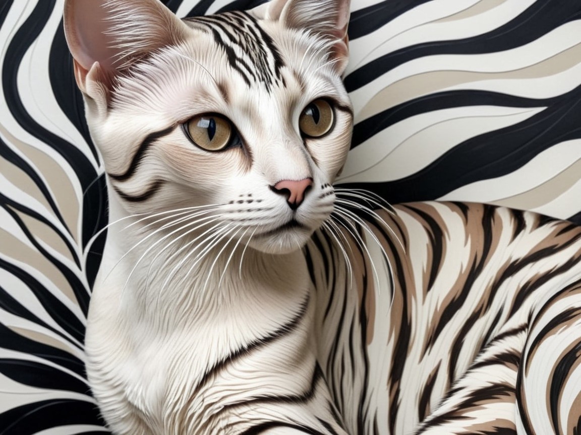 Stylized Cat with Stripes Against Dynamic Background
