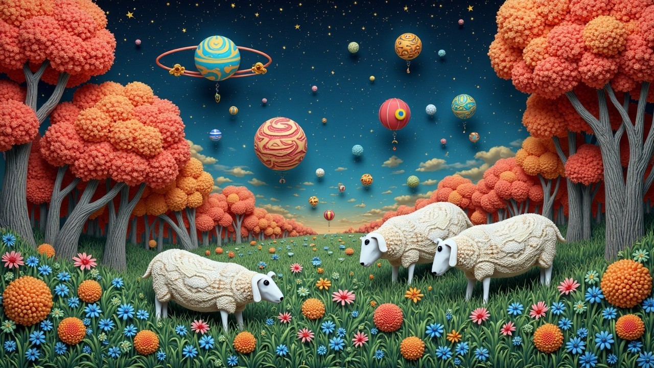 Whimsical Landscape with Colorful Trees and Sheep