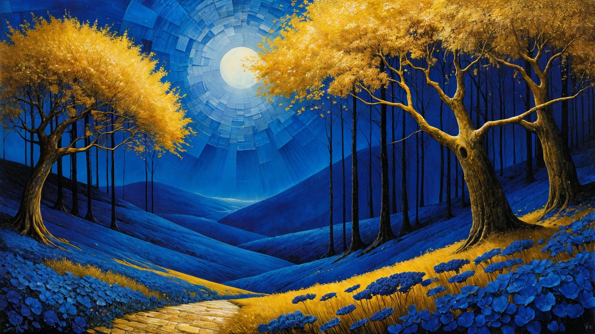 Serene Landscape with Yellow Trees and Blue Moon