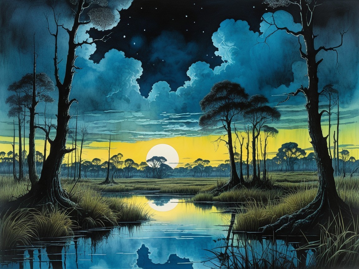 Twilight Landscape with Waterway and Silhouetted Trees