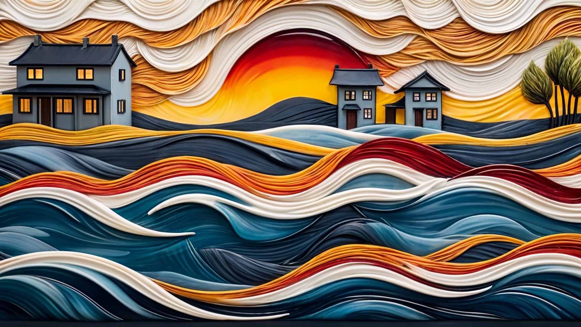 Vibrant Textured Landscape with Sunset and Houses