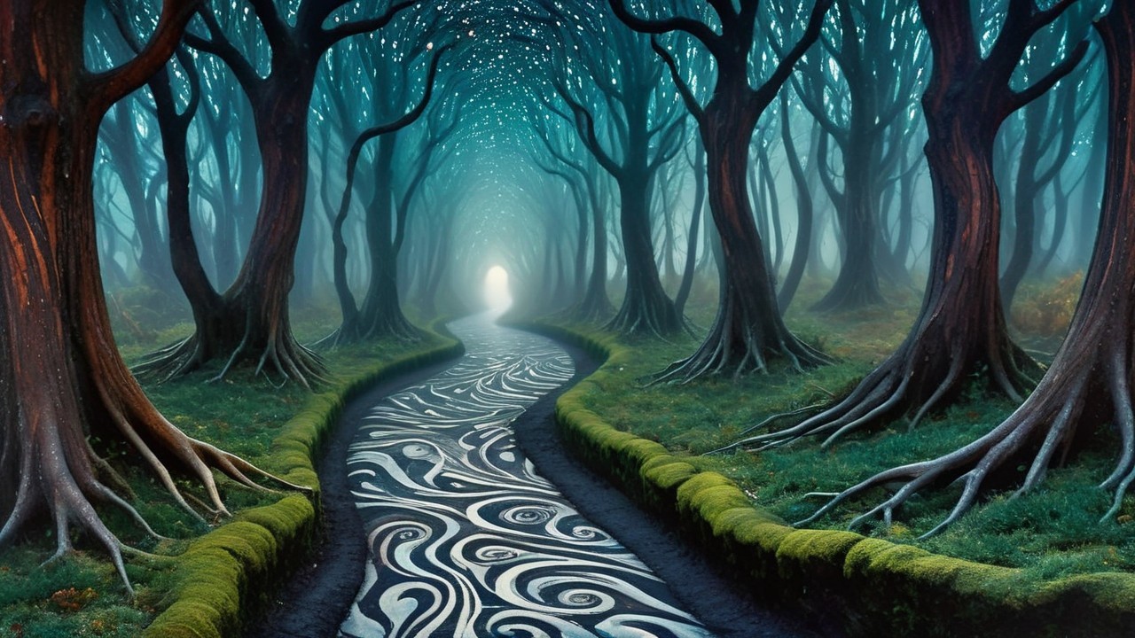 Mystical Forest Path with Twisted Trees and River