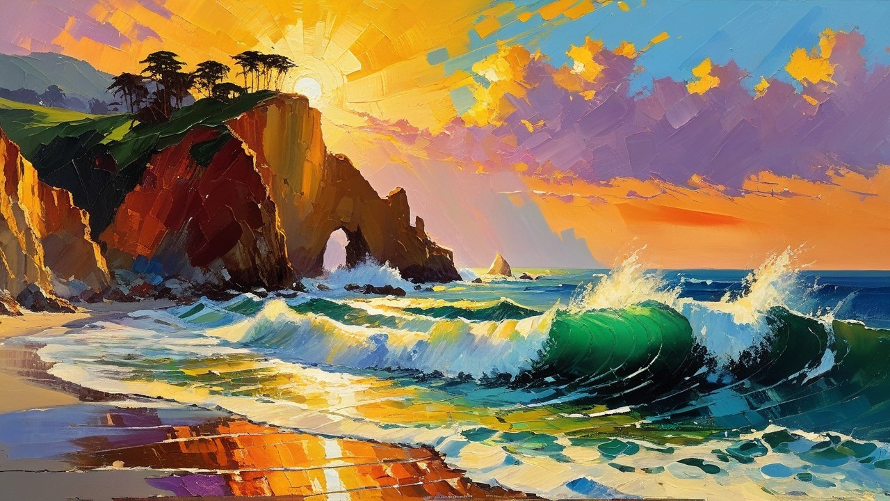 Coastal Sunset Over Cliffs with Waves and Sailboat