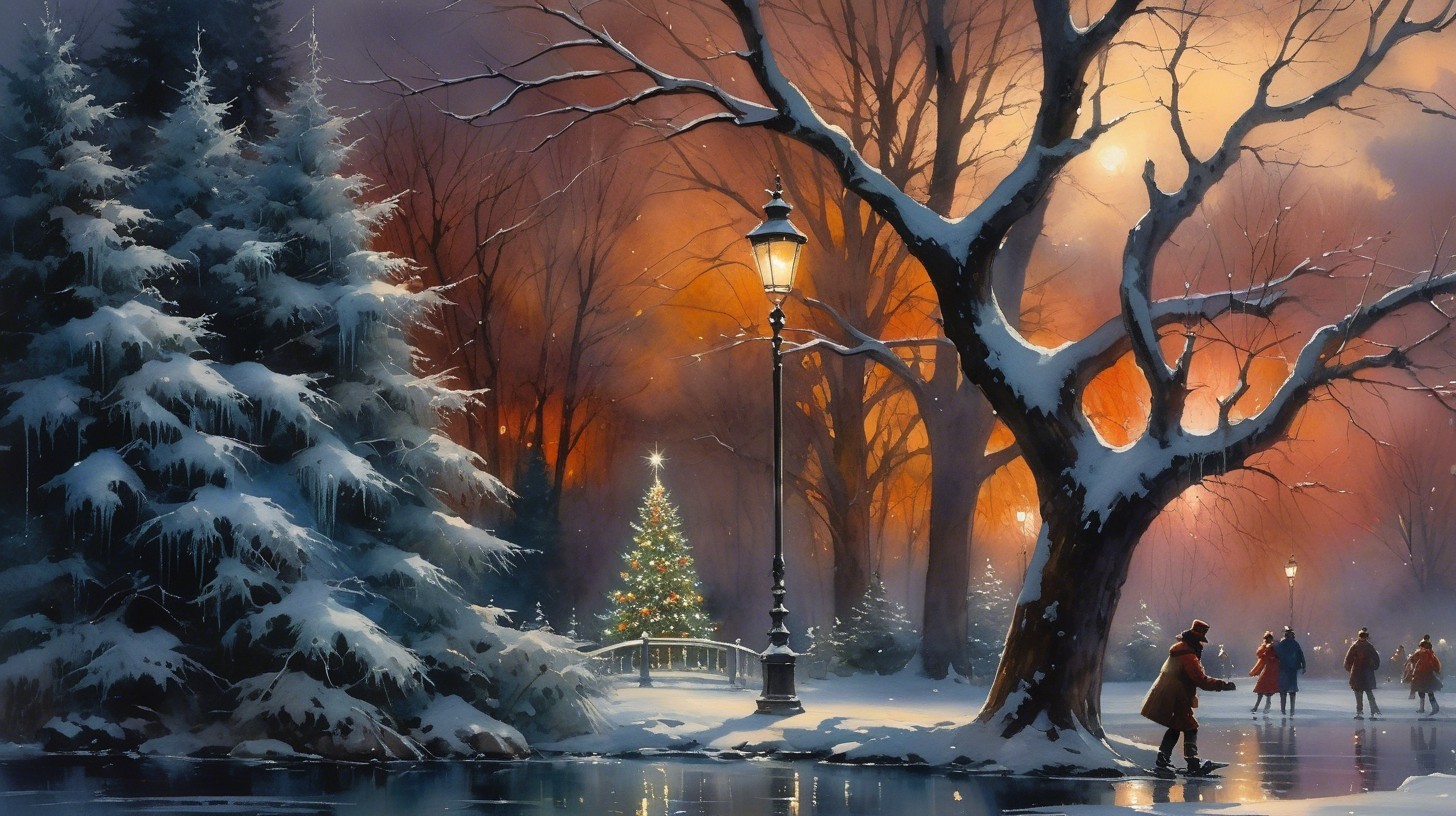 Winter Park Scene at Dusk with Snow and Ice