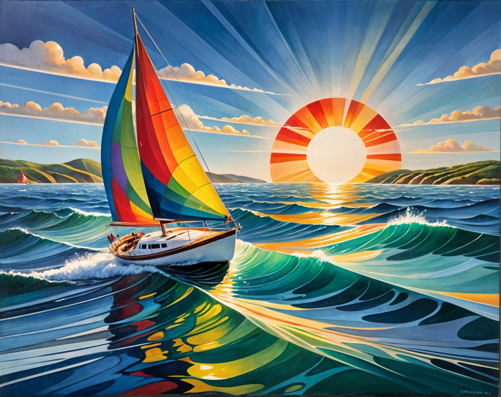 Vibrant Sailboat on Sparkling Sea at Sunrise