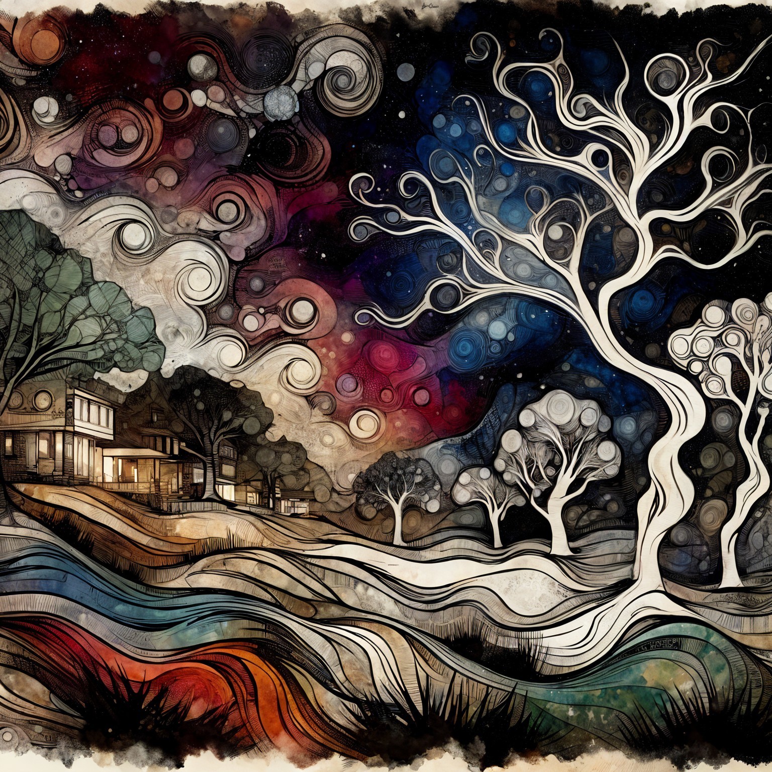 Whimsical Night Sky Landscape with Abstract Elements