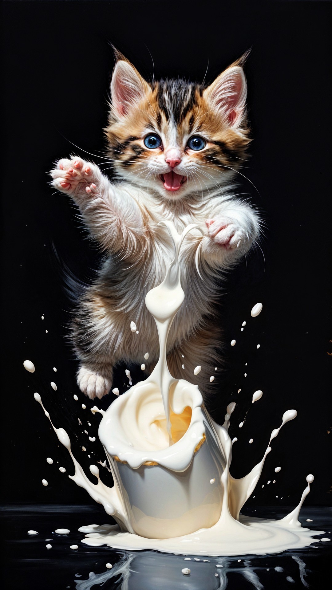 Playful kitten leaps from cup, splashing milk droplets