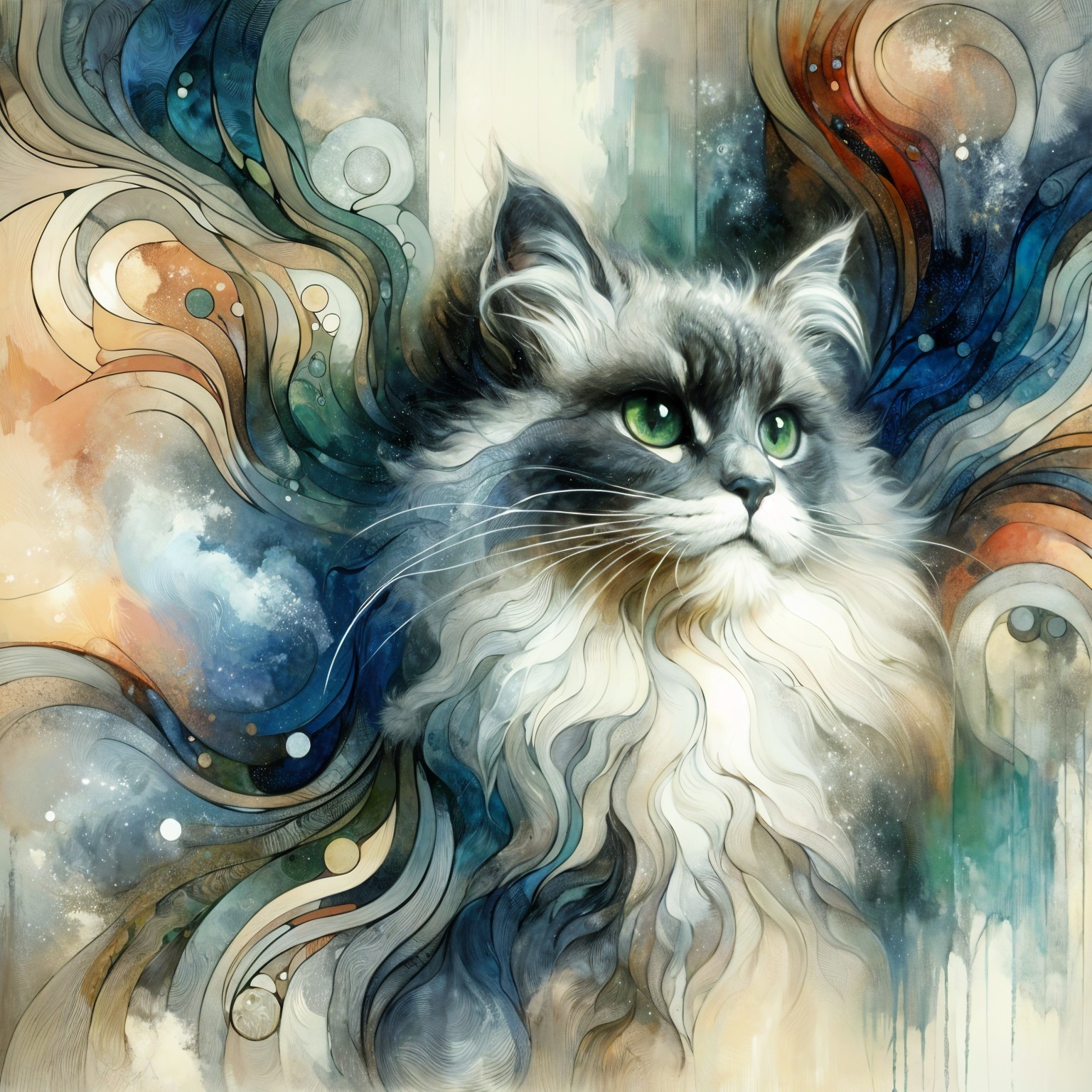 Majestic Cat with Flowing Mane and Abstract Colors