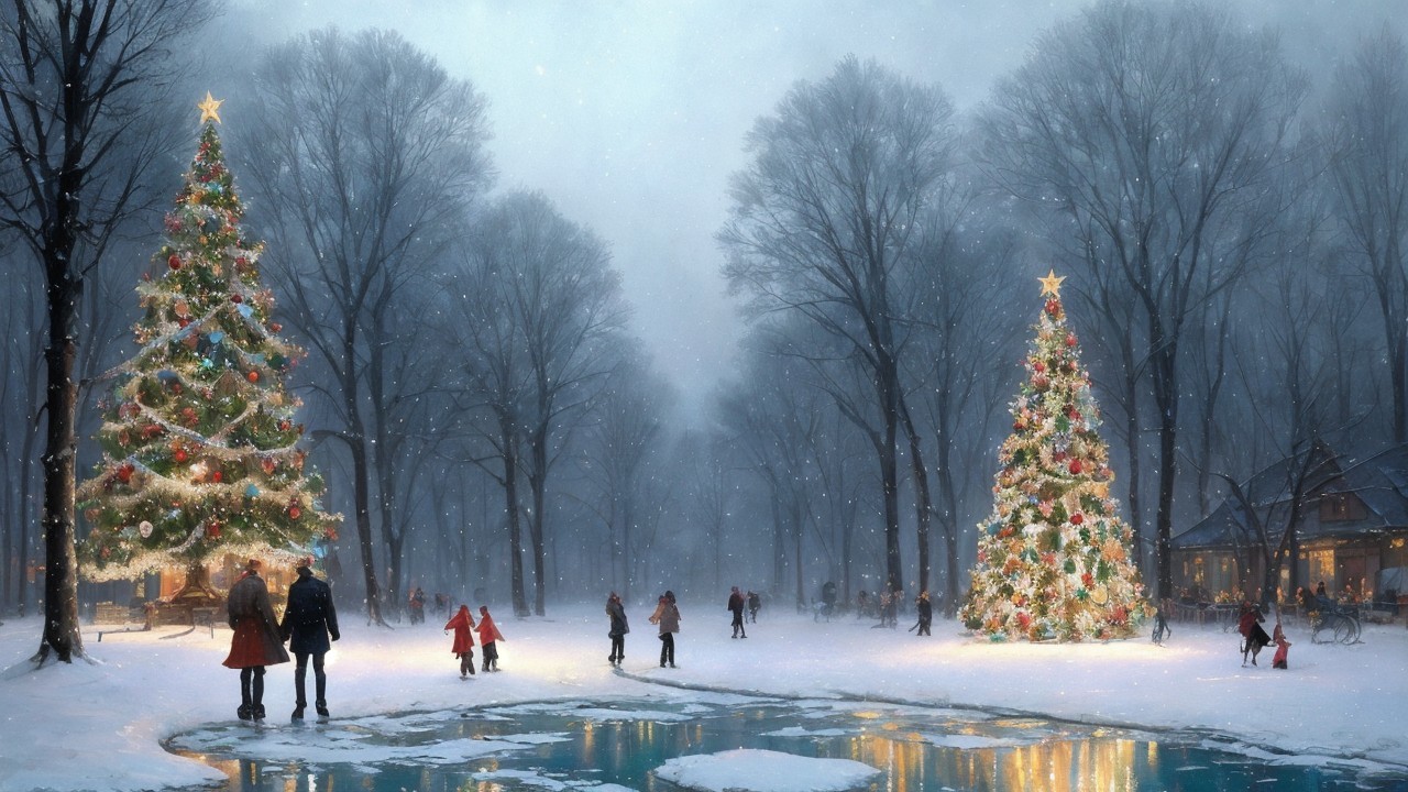 Winter Landscape with Decorated Christmas Trees
