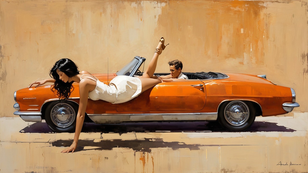 Retro Scene with Orange Convertible and Stylish Figures
