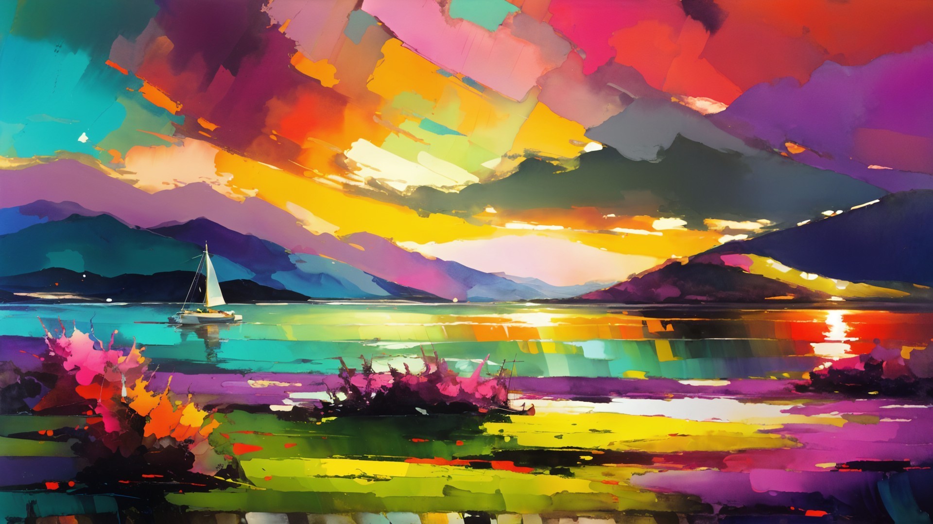 Vibrant Seascape Painting at Sunset with Sailboat
