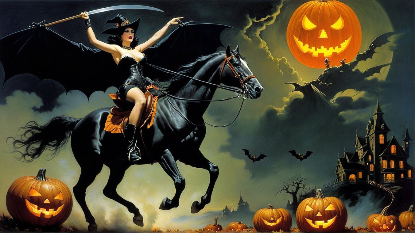 Witch on Black Horse in Moonlit Halloween Scene