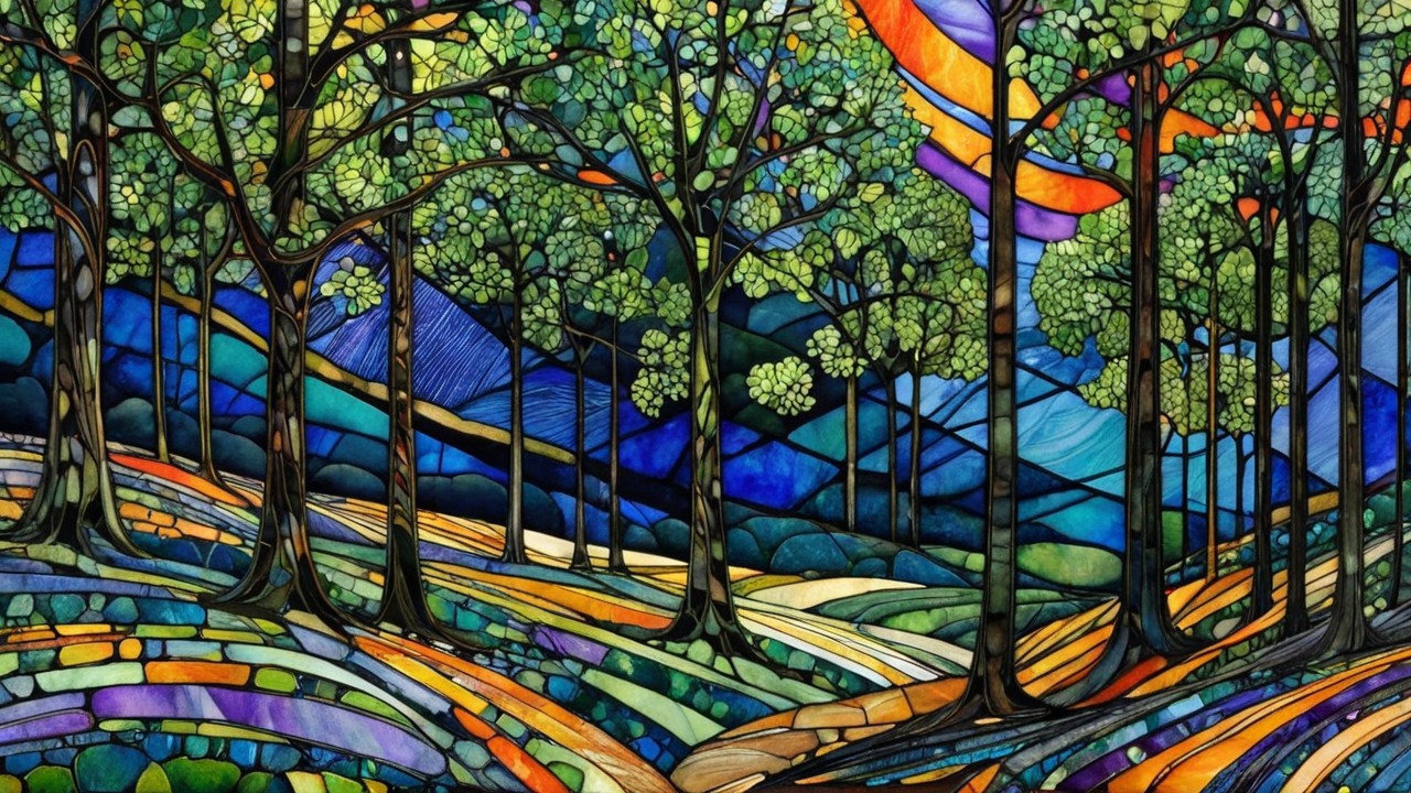 Vibrant Stained Glass Forest Landscape with Hills